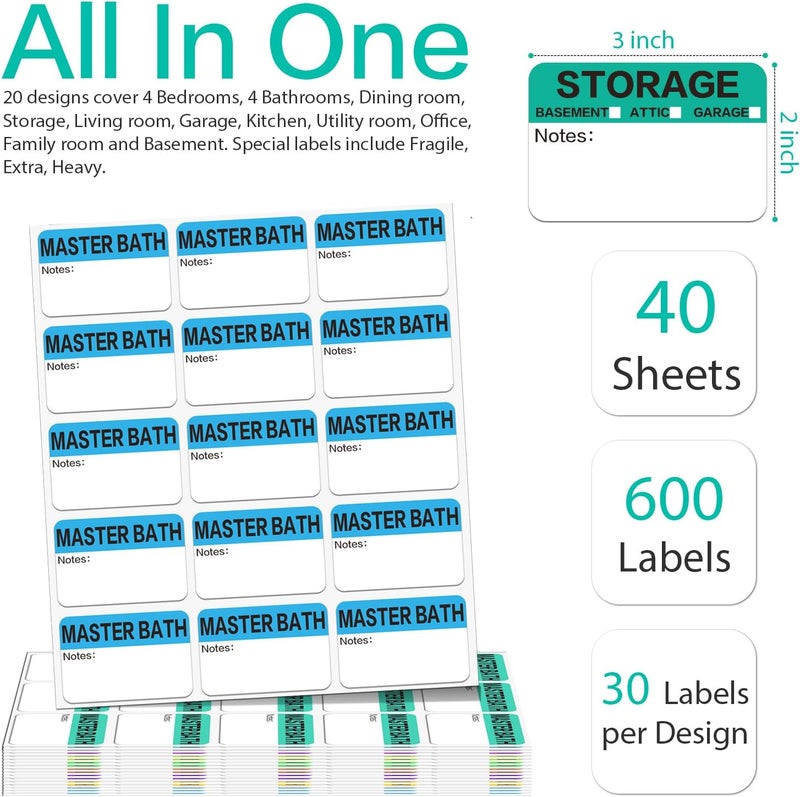Lrogoe 600 Count 3 x 2 Large Home Moving Packing Box Labels for 3-4 Bedroom House with Writable Notes Areas, 17 Color Coded Moving Labels for Boxes + Fragile Moving Stickers + Heavy and Blank Labels - Image 2